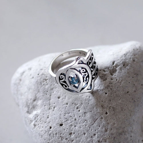 Blue Topaz Hamsa Ring