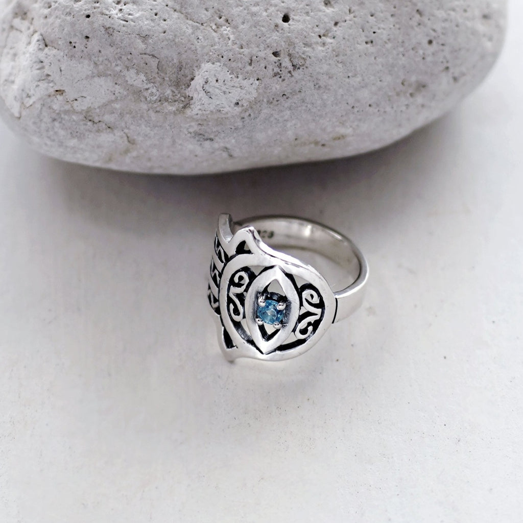 Blue Topaz Hamsa Ring