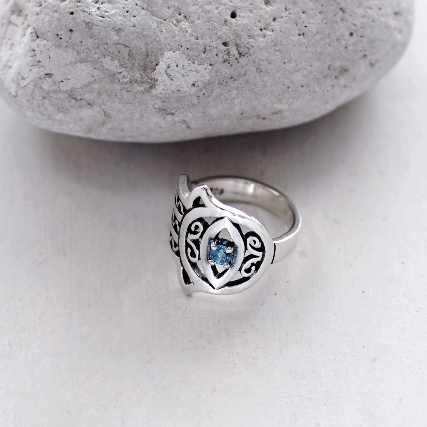 Blue Topaz Hamsa Ring