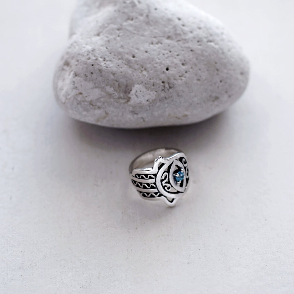 Blue Topaz Hamsa Ring