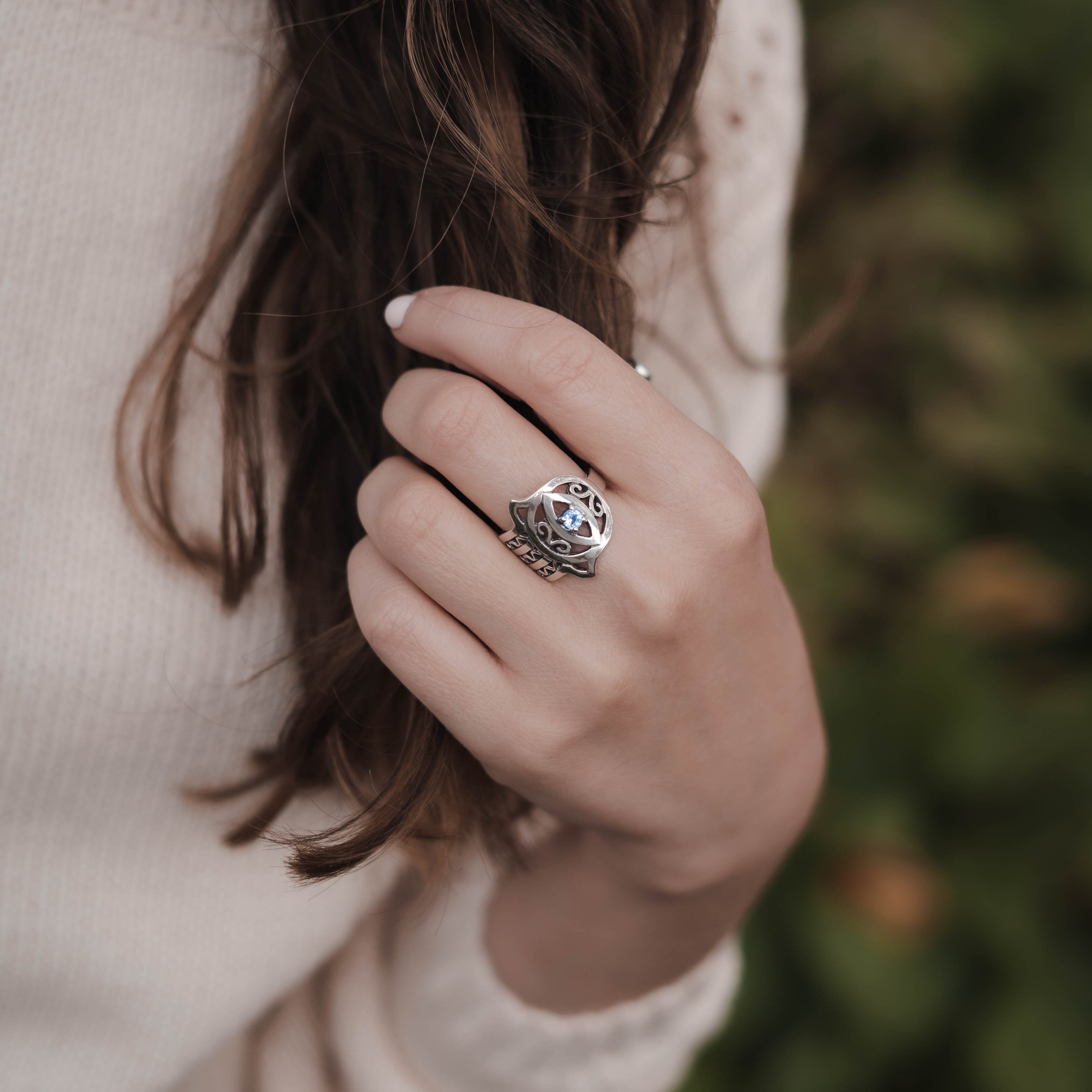 Blue Topaz Hamsa Ring