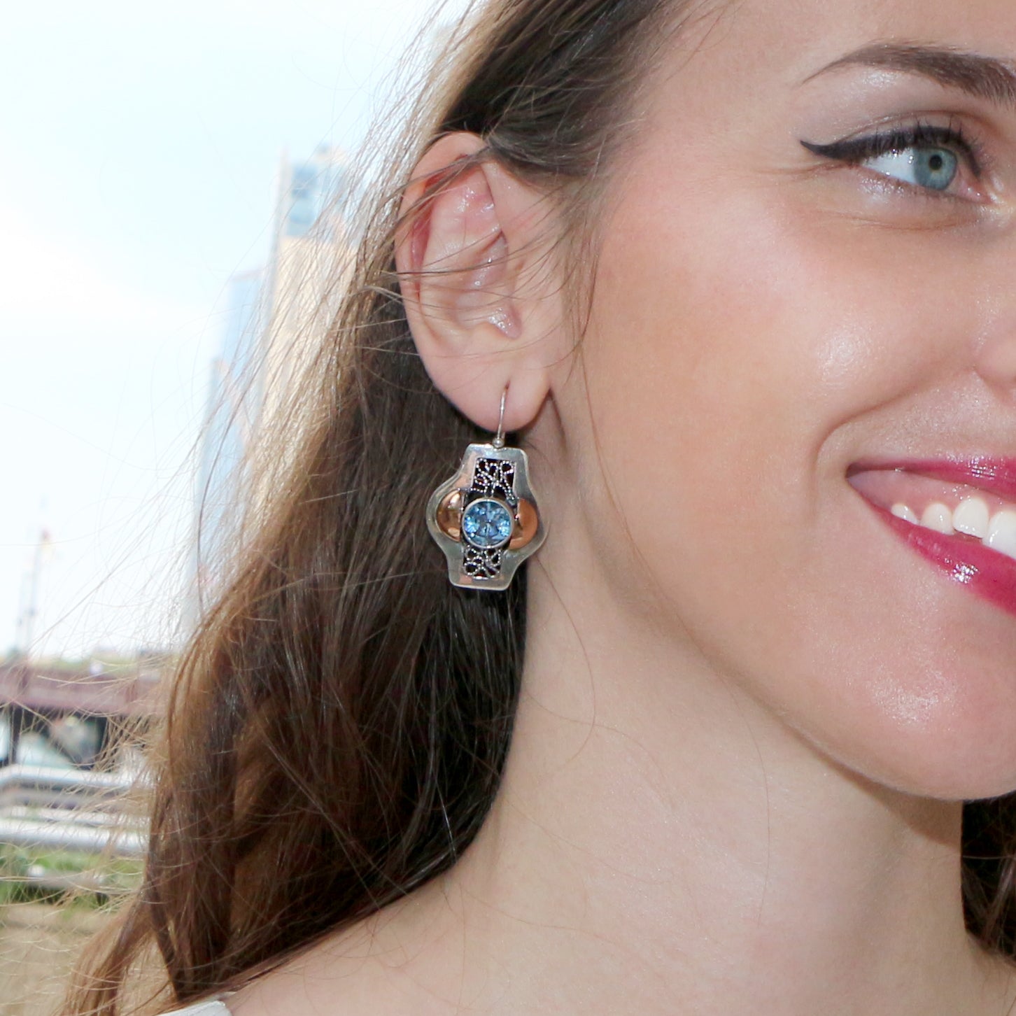 Blue Byzantine Earrings Silver and Gold